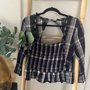 Free People Blue Plaid Elastic Bodice Top